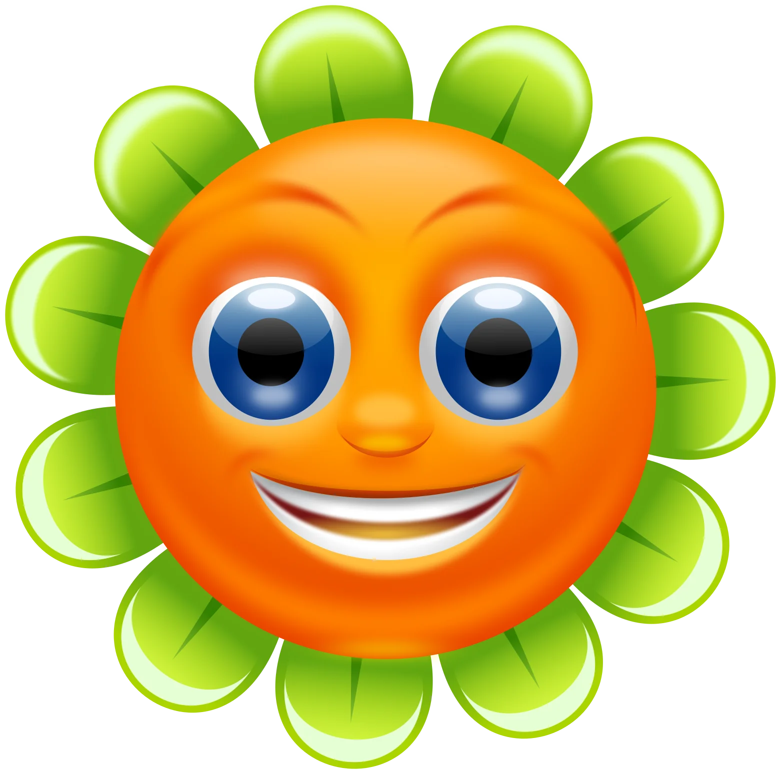 Cheerful Flower-Shaped Cartoon Smiley Clipart with Playful Green Petals