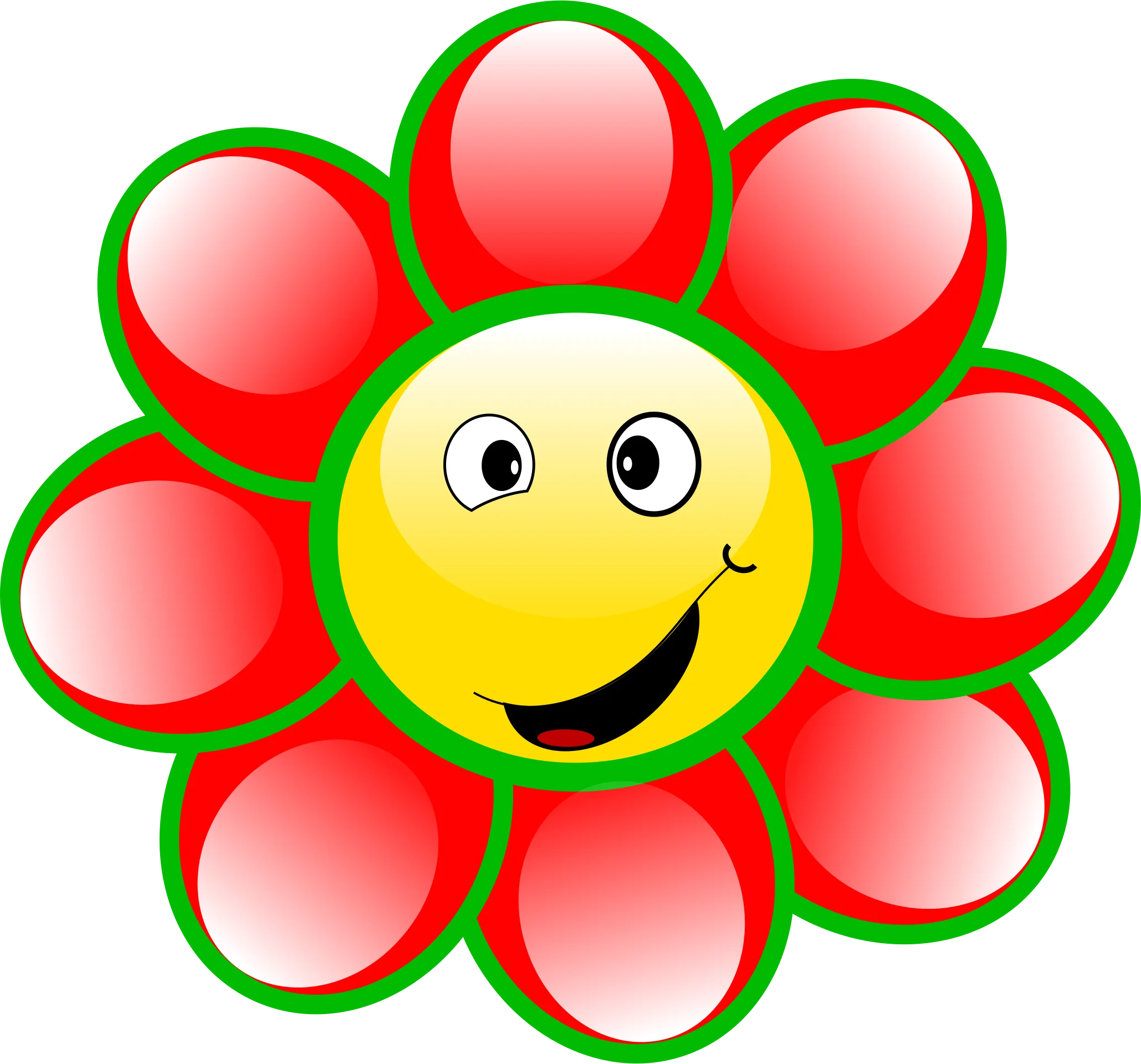 Cheerful Smiley Face Flower Clipart with Radiant Red Petals and Sunny Expression