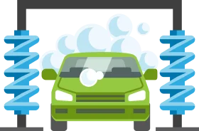 Automated Car Wash Clipart: Green Vehicle Between Blue Cleaning Brushes