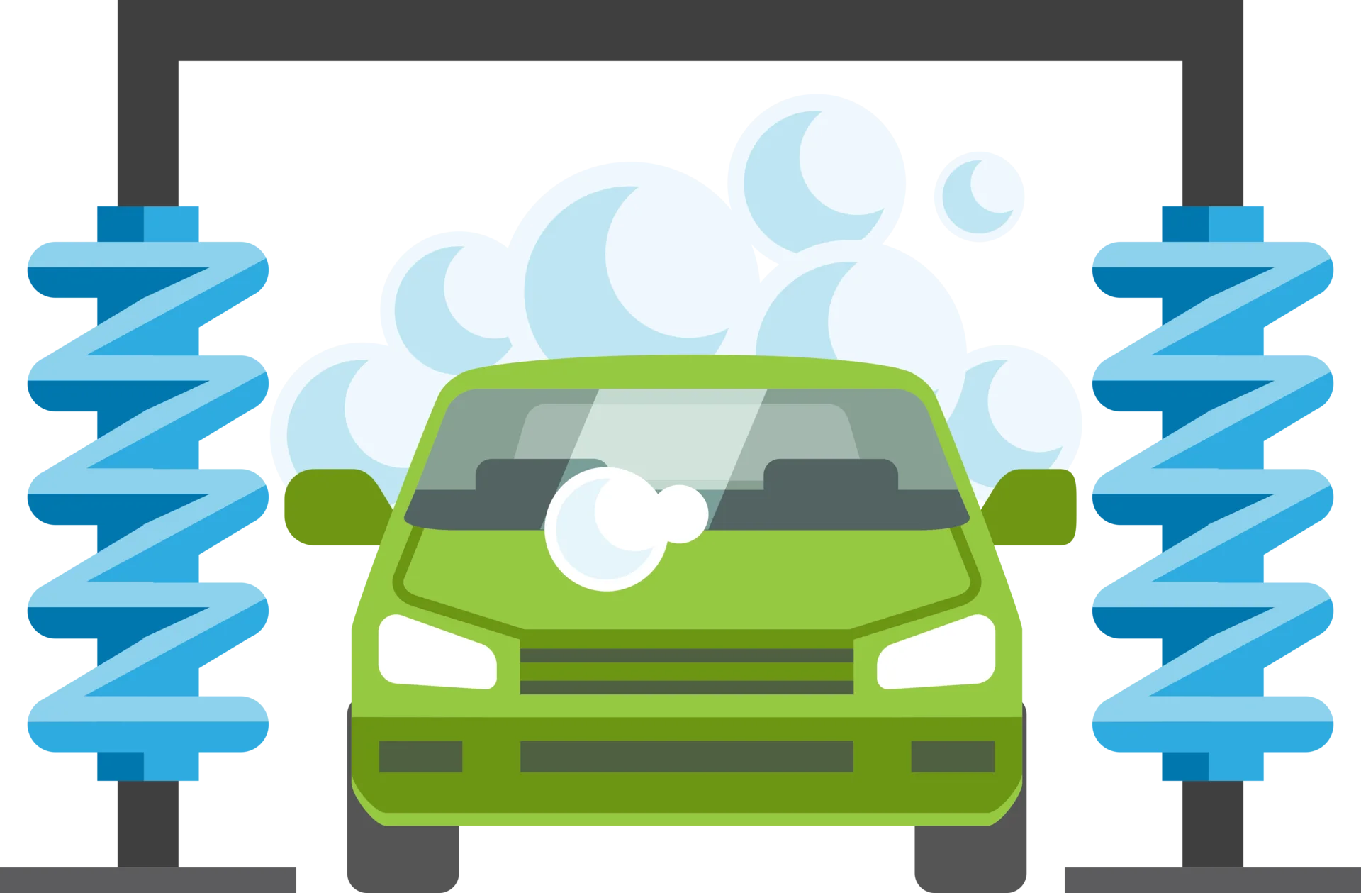 Automated Car Wash Clipart: Green Vehicle Between Blue Cleaning Brushes