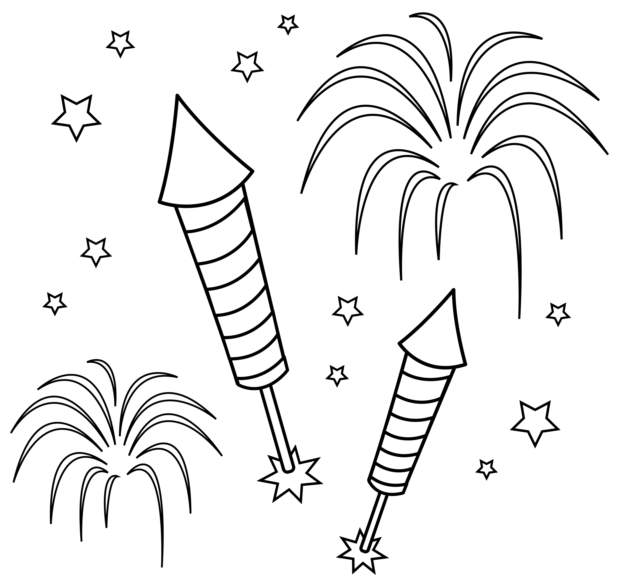 Black and White Fireworks Celebration Clipart: Festive Rocket Illustration Design