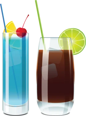 Refreshing Summer Cocktails Clipart: Tropical Blue Hawaiian and Dark Cola Beverage