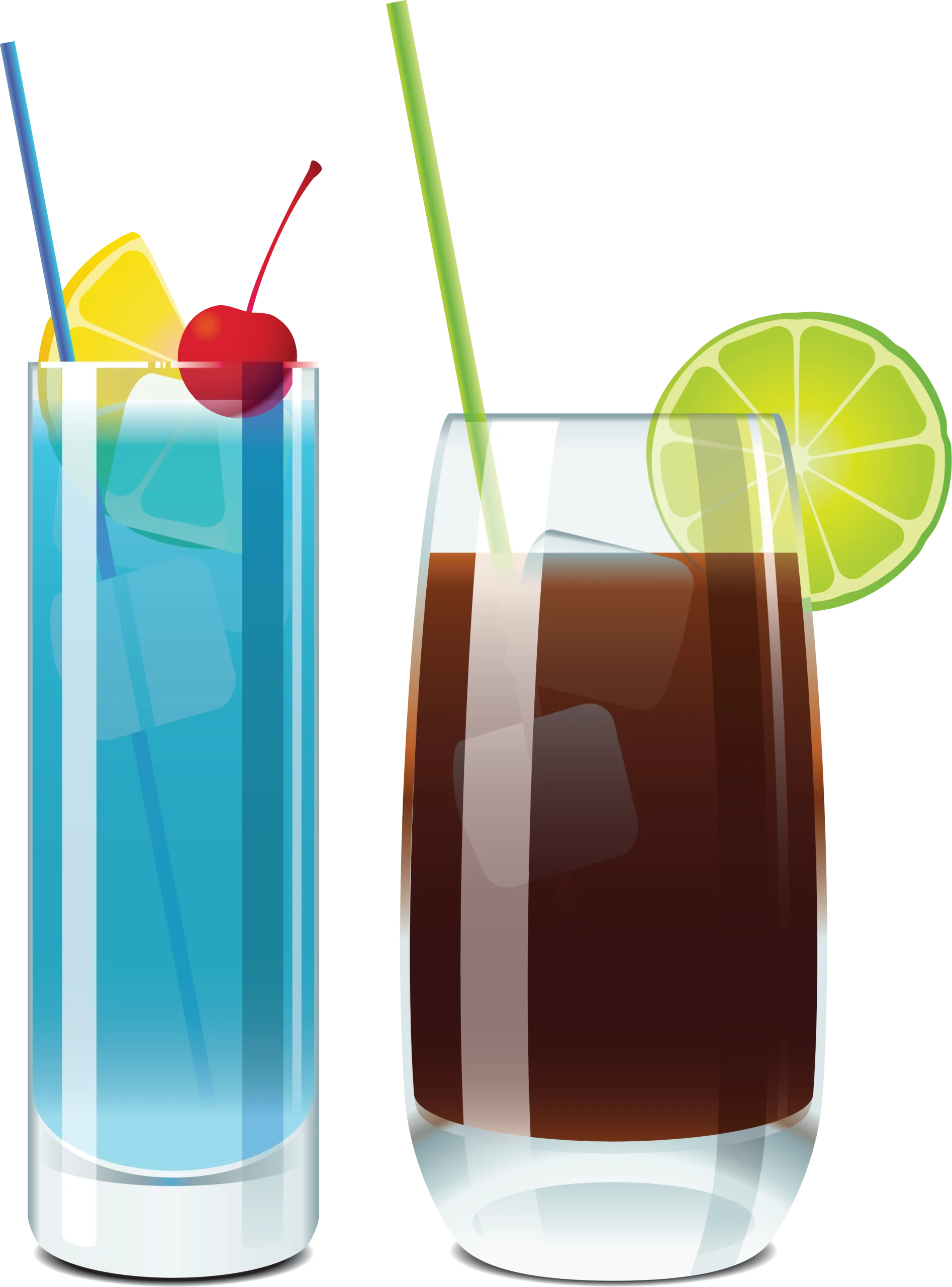 Refreshing Summer Cocktails Clipart: Tropical Blue Hawaiian and Dark Cola Beverage
