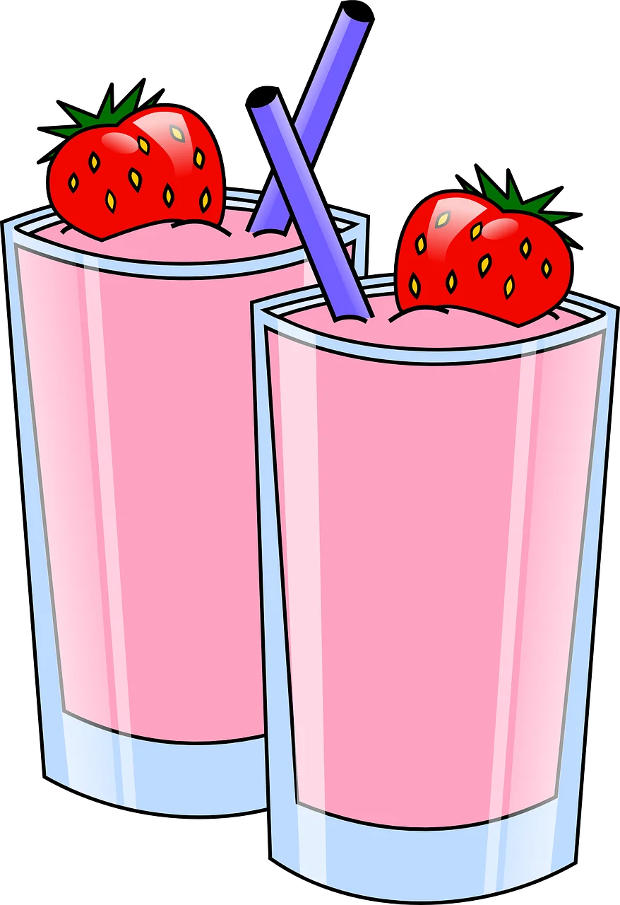 Two Refreshing Strawberry Smoothie Glasses with Blue Straws Clipart Illustration