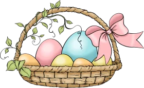 Charming Easter Basket Clipart with Pastel Eggs and Delicate Pink Bow