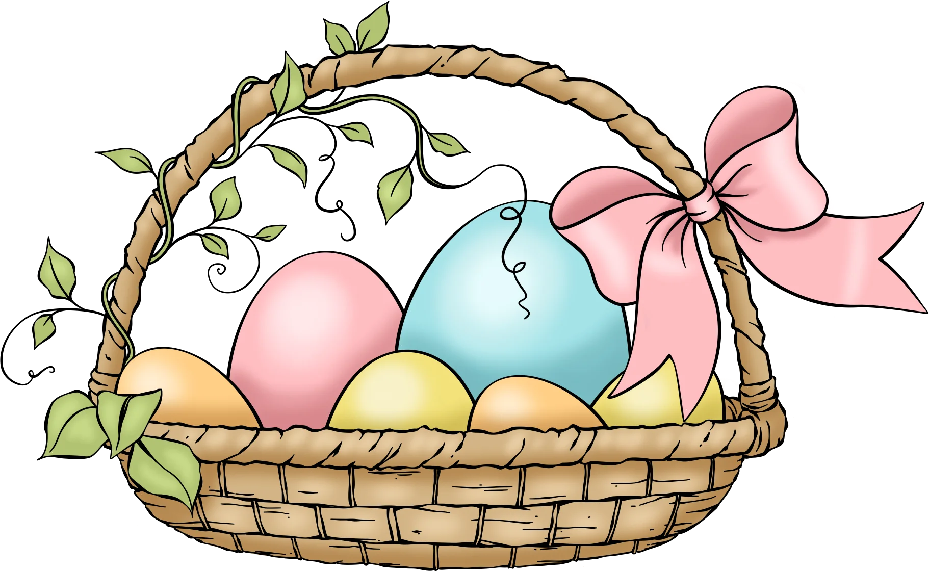 Charming Easter Basket Clipart with Pastel Eggs and Delicate Pink Bow