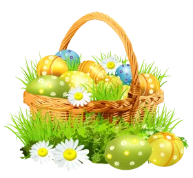 Festive Easter Basket Filled with Colorful Decorated Eggs and Daisies Clipart Design