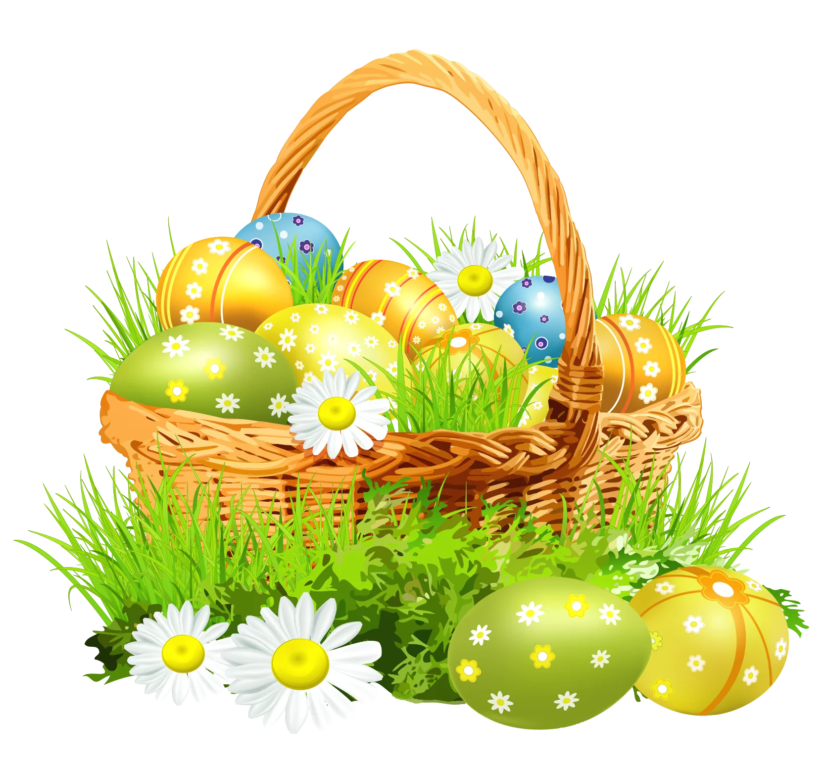 Festive Easter Basket Filled with Colorful Decorated Eggs and Daisies Clipart Design
