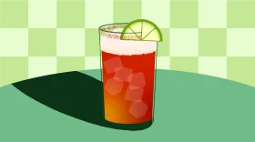 Refreshing Summer Mocktail with Lime Wedge on Checkered Retro Clipart Background