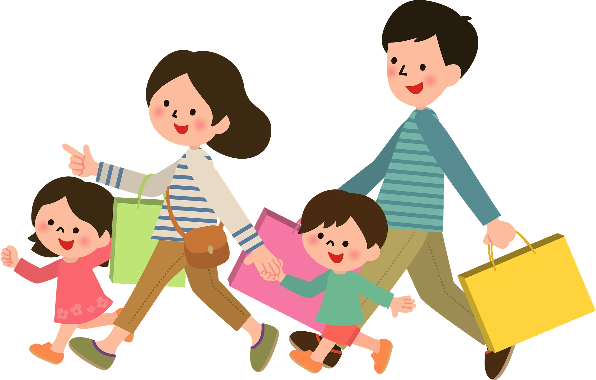 Cheerful Family Shopping Adventure Cartoon Clipart Illustration