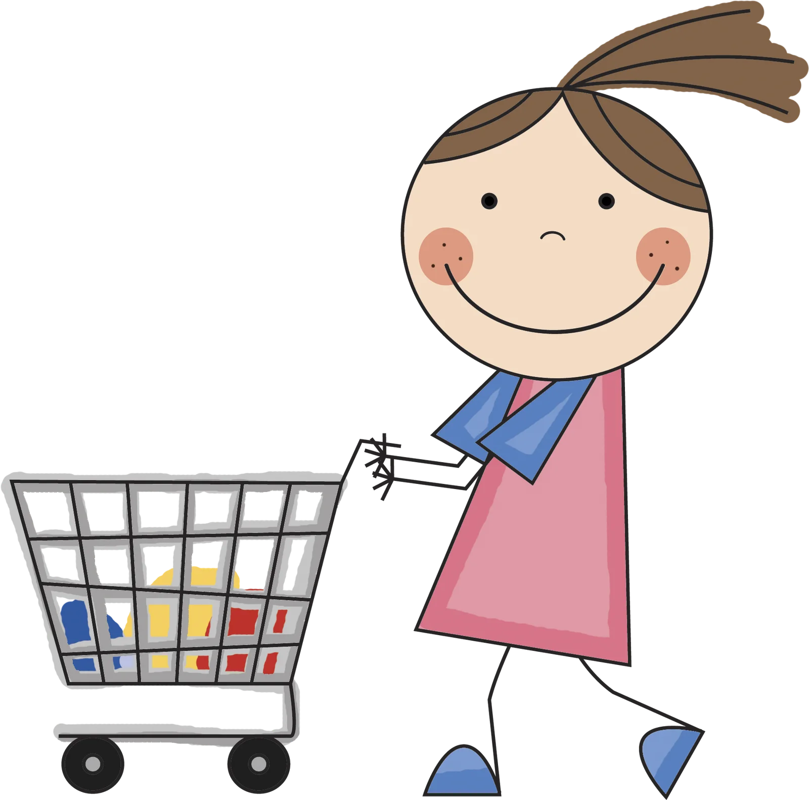 Cheerful Girl Pushing Shopping Cart Clipart Illustration for Kids Artwork