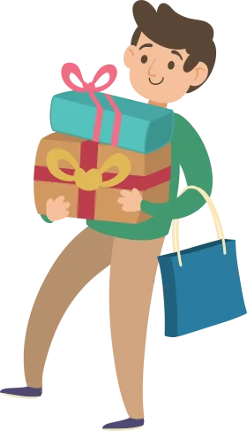 Cheerful Shopper Carrying Colorful Gift Boxes and Shopping Bag Clipart Illustration