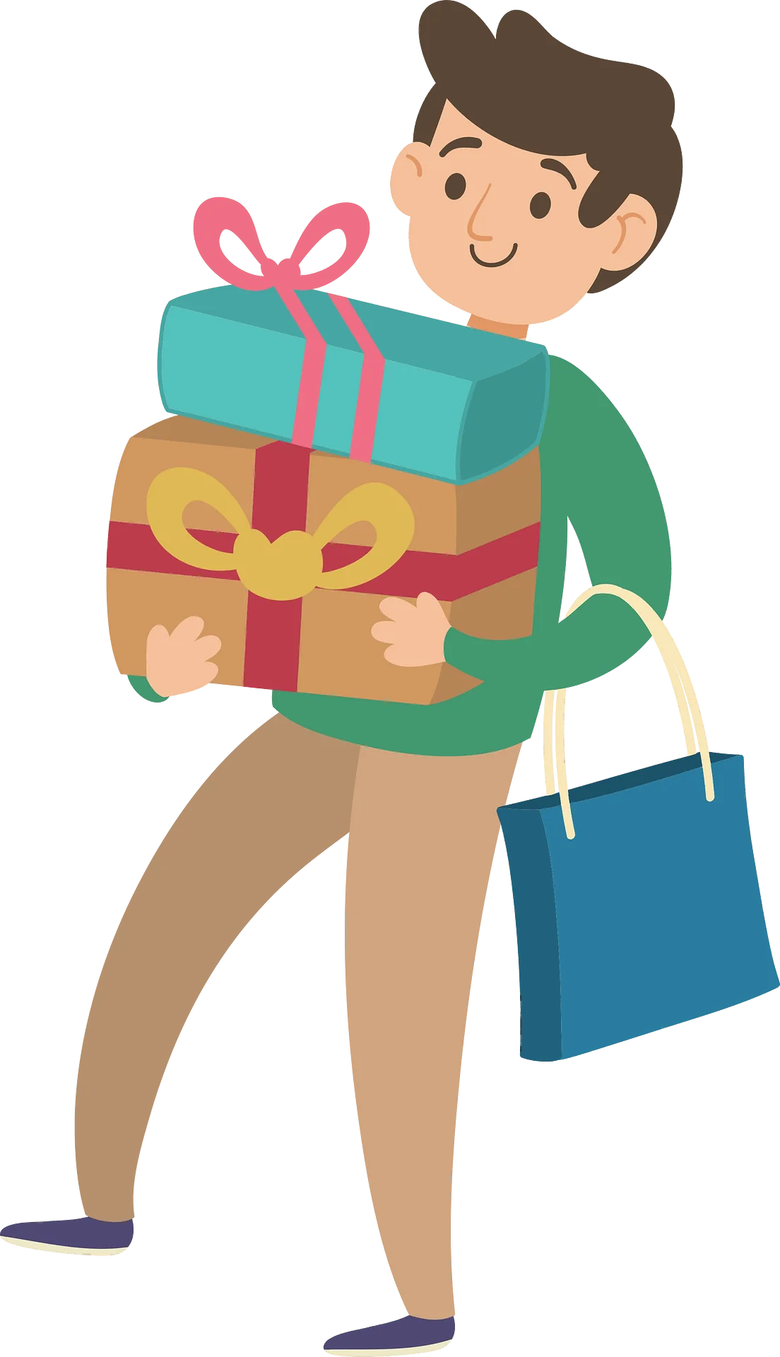 Cheerful Shopper Carrying Colorful Gift Boxes and Shopping Bag Clipart Illustration