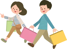Cheerful Shoppers on the Move: Playful Shopping Clipart with Colorful Bags