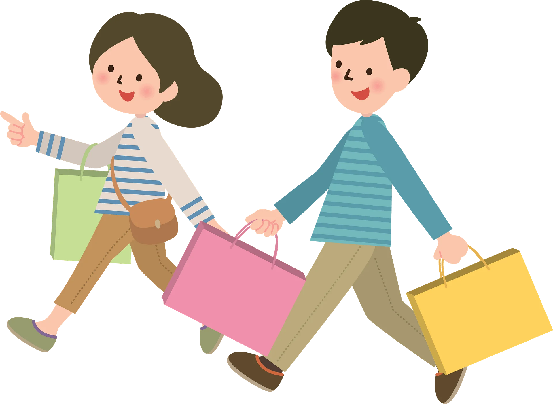 Cheerful Shoppers on the Move: Playful Shopping Clipart with Colorful Bags