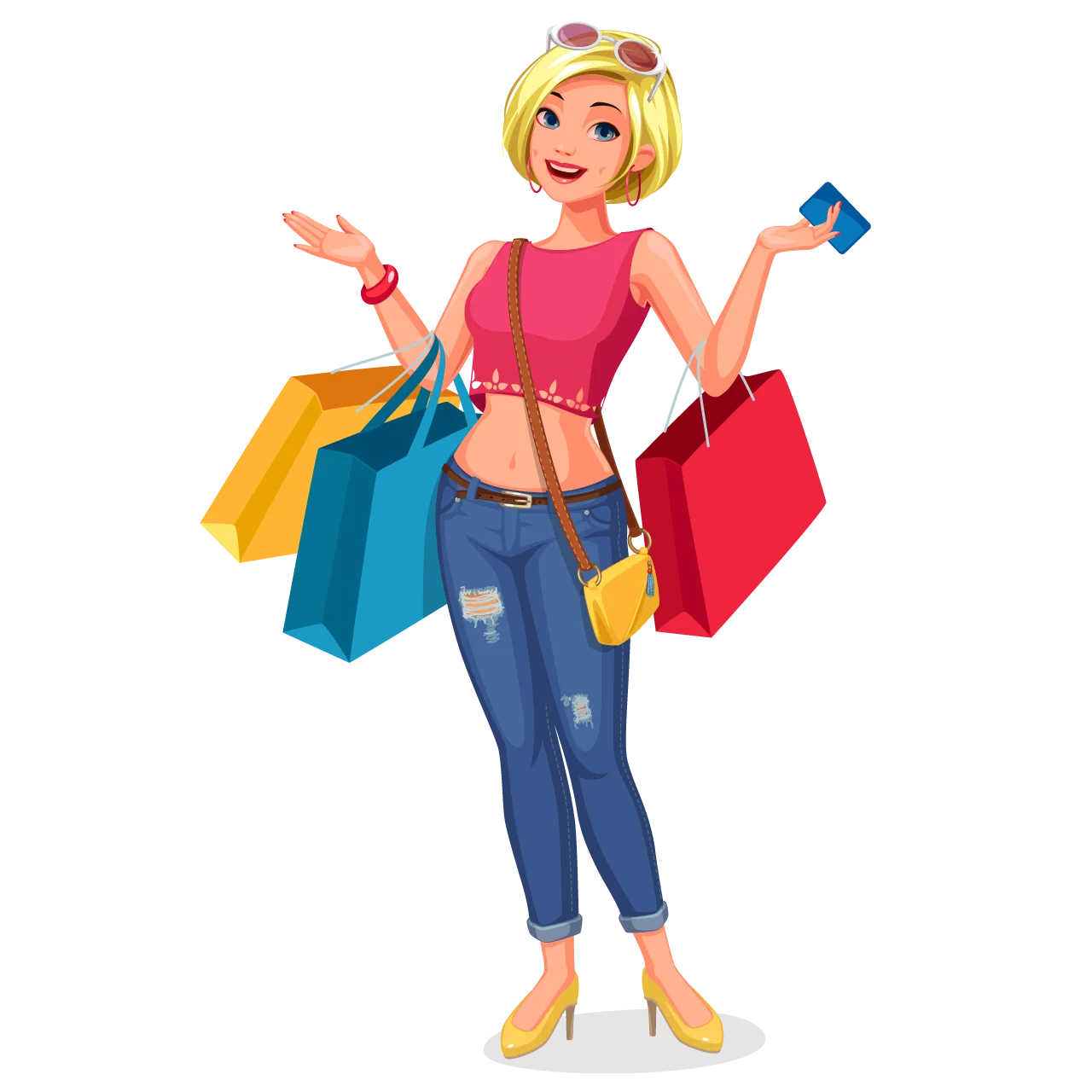Cheerful Young Woman Shopping Spree Cartoon Clipart Illustration