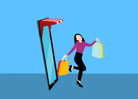 Dynamic Female Shopper in Playful Shopping Mall Clipart Illustration