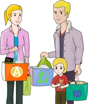 Family Shopping Expedition: A Colorful Cartoon Clipart Illustration of Retail Adventure
