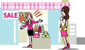 Fashion Sale Excitement: Cheerful Retail Clipart Scene with Stylish Shoppers