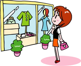 Fashion Window Shopping Clipart: A Cheerful Cartoon Girl Exploring Retail Display