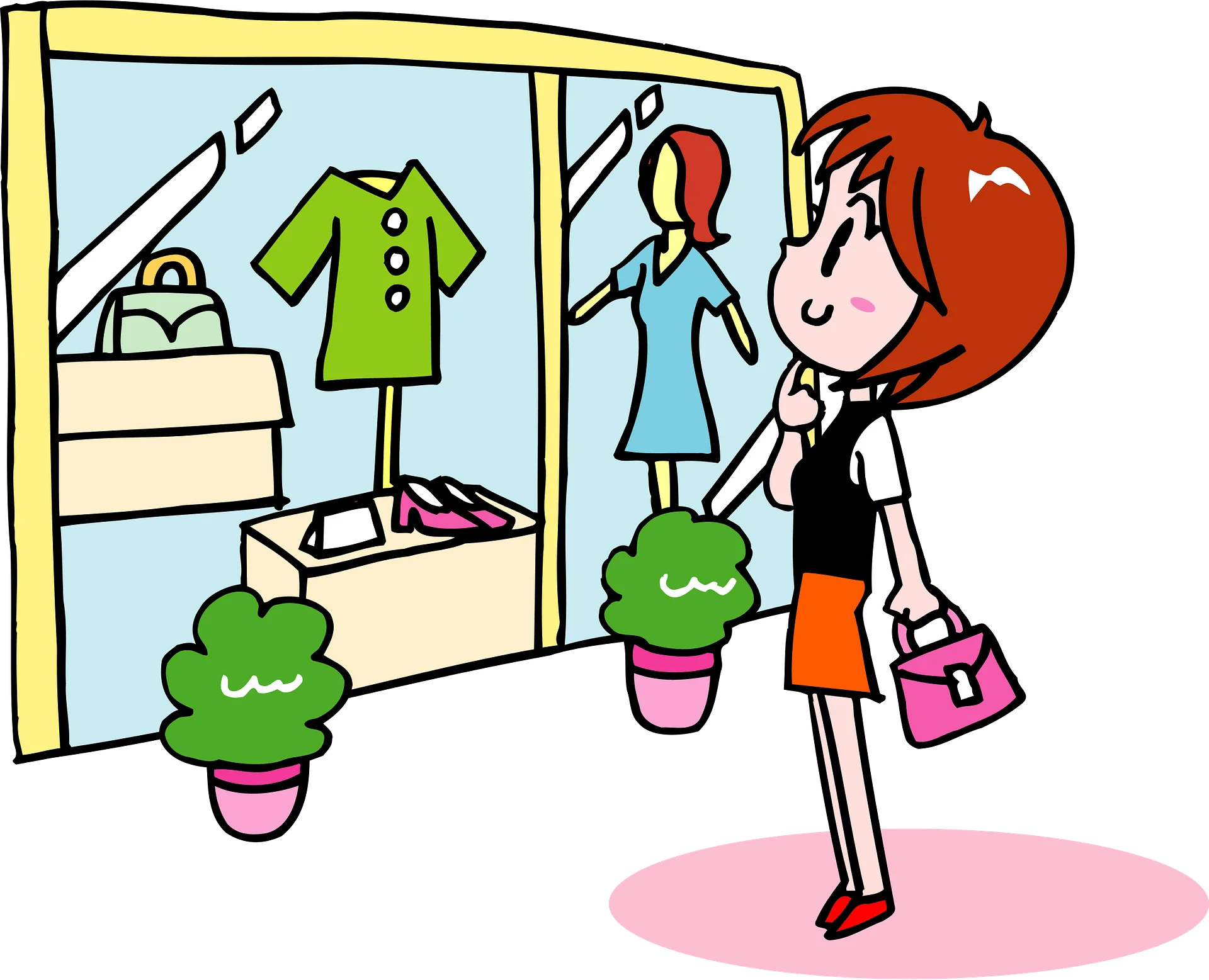 Fashion Window Shopping Clipart: A Cheerful Cartoon Girl Exploring Retail Display