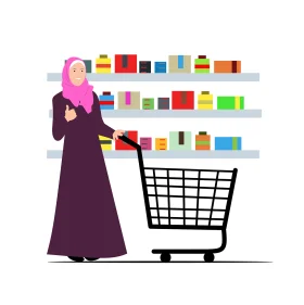 Muslim Woman in Hijab Shopping at Grocery Store Colorful Minimalist Clipart