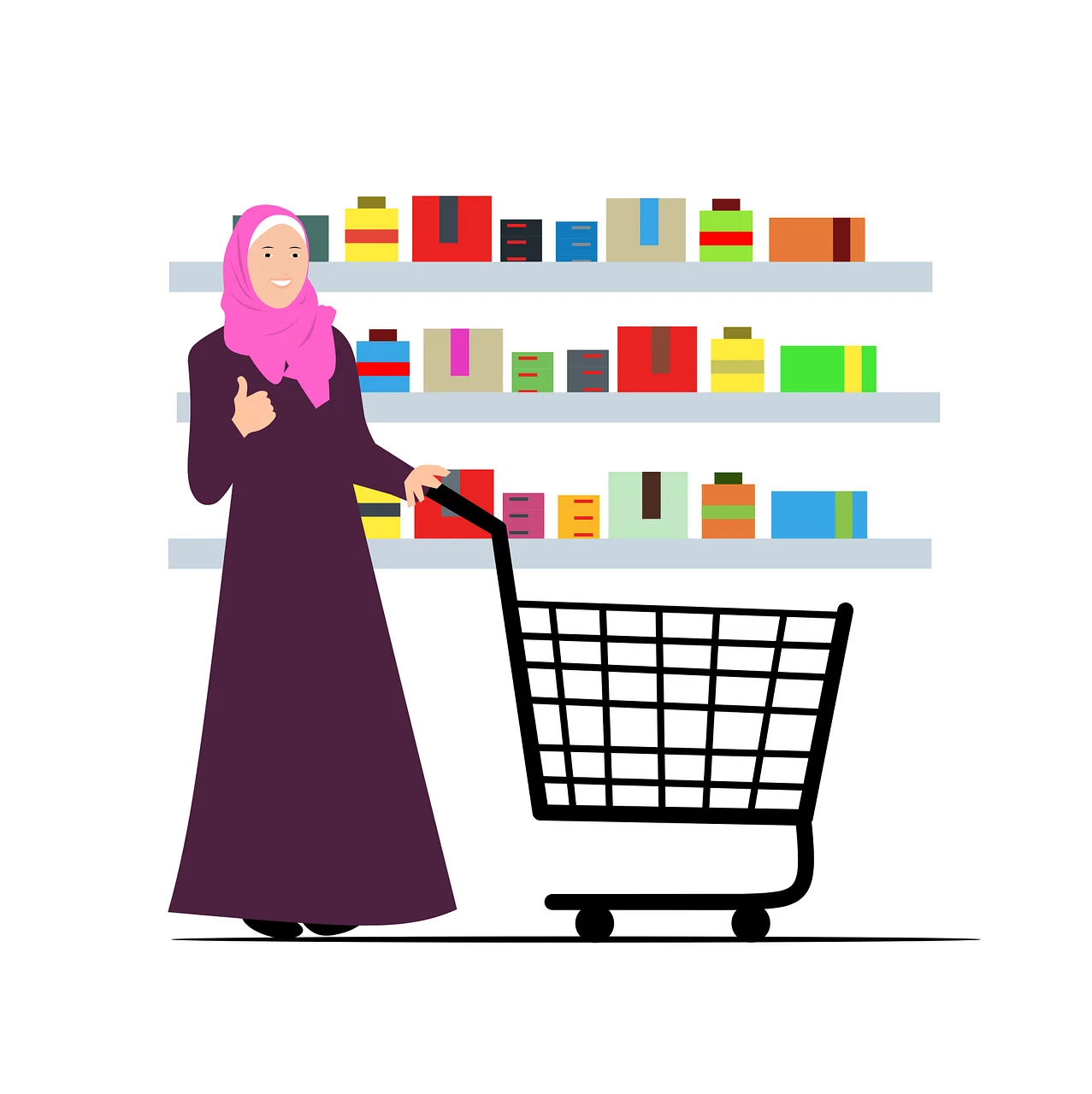Muslim Woman in Hijab Shopping at Grocery Store Colorful Minimalist Clipart