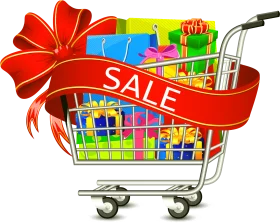 Shopping Clipart with Festive Sale Cart Filled with Colorful Gift Boxes and Ribbon