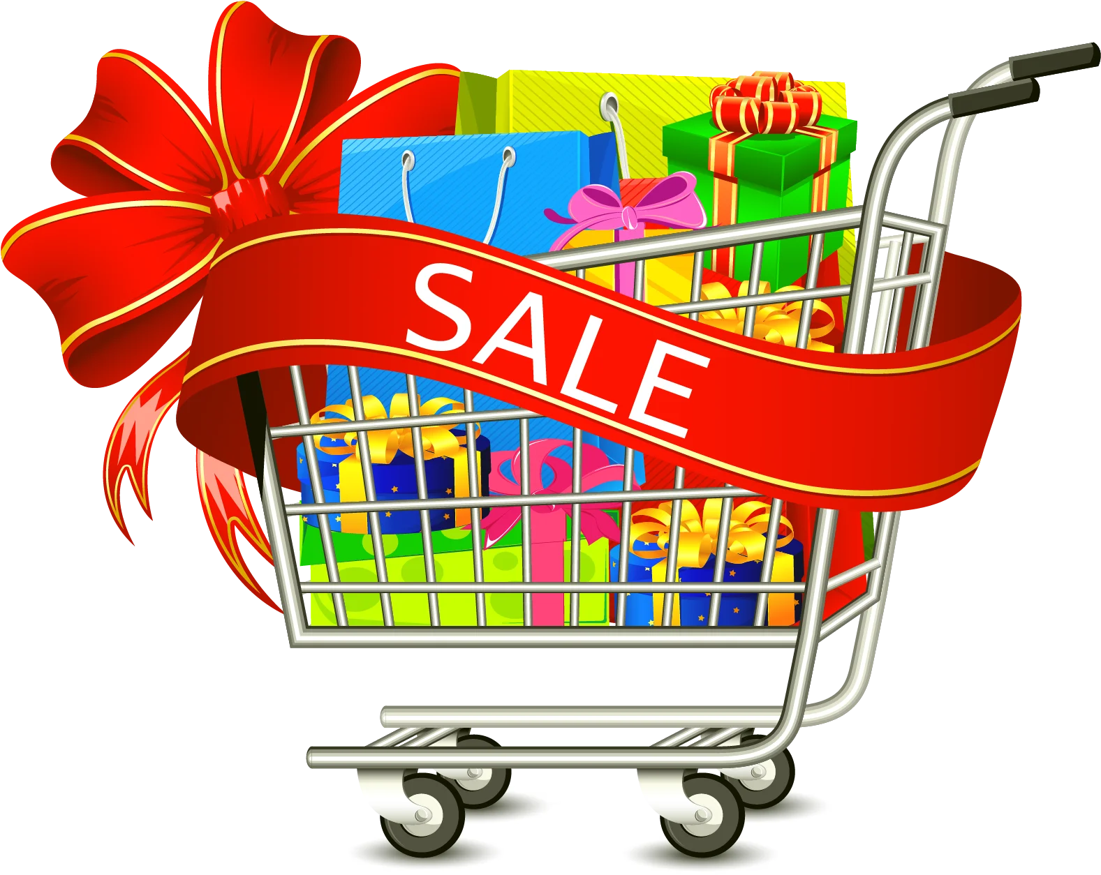 Shopping Clipart with Festive Sale Cart Filled with Colorful Gift Boxes and Ribbon