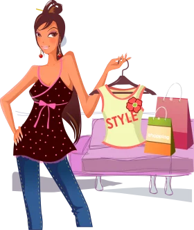 Stylish Female Shopper Exploring Fashion Trends with Shopping Bags and Clothing Clipart
