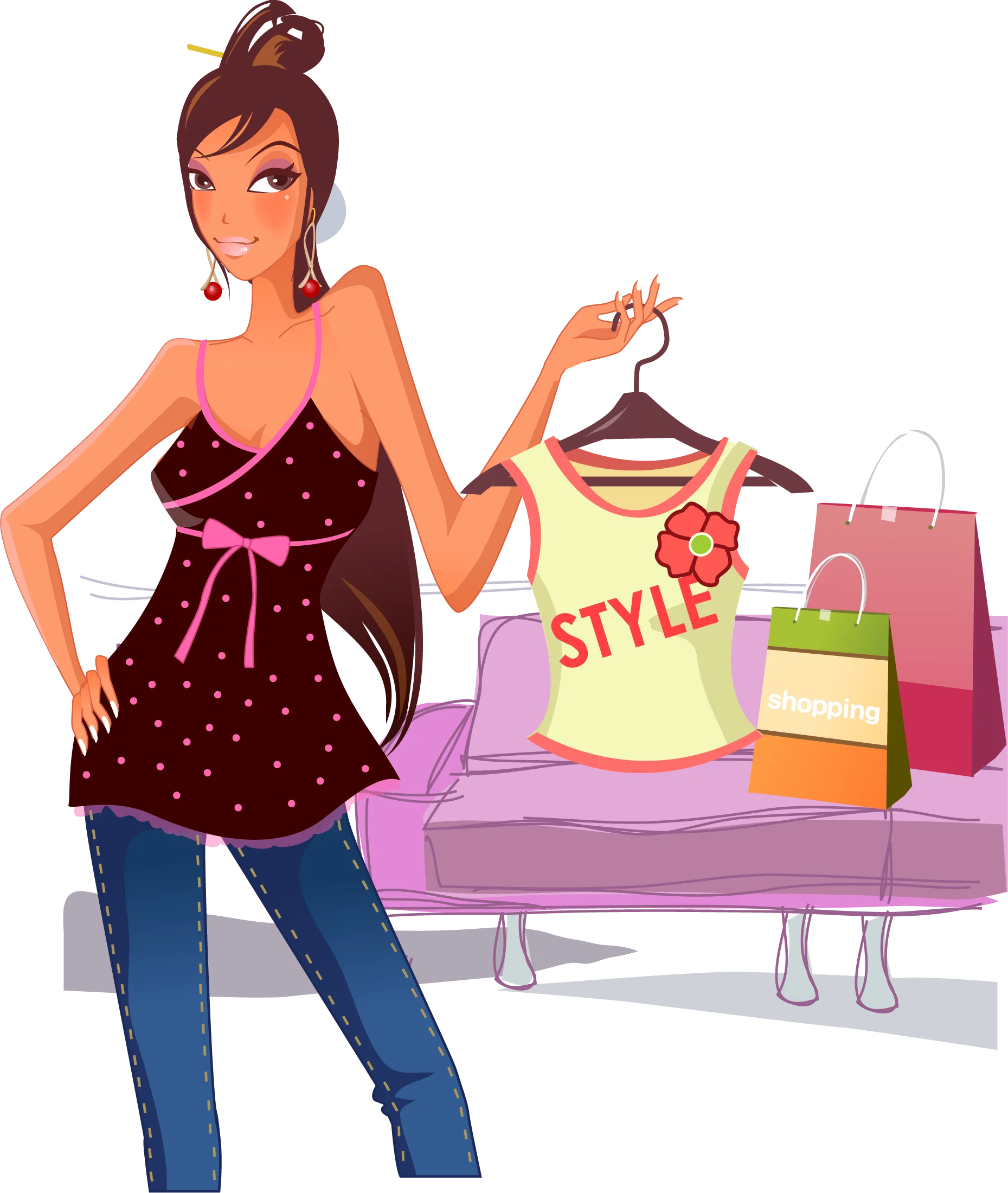 Stylish Female Shopper Exploring Fashion Trends with Shopping Bags and Clothing Clipart