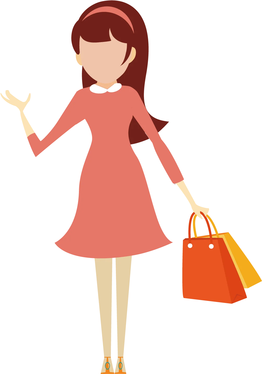 Stylish Female Shopper in Coral Dress Carrying Chic Shopping Bags Clipart Illustration