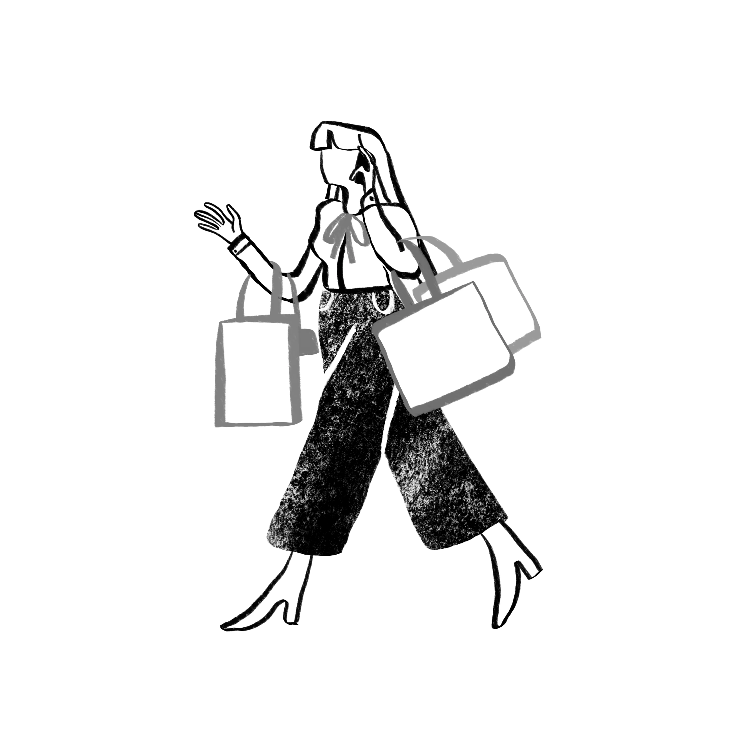 Stylish Female Shopper Walking with Bags - Elegant Black and White Shopping Clipart Design