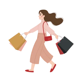 Stylish Female Shopper Walking with Shopping Bags Trendy Minimalist Clipart Design