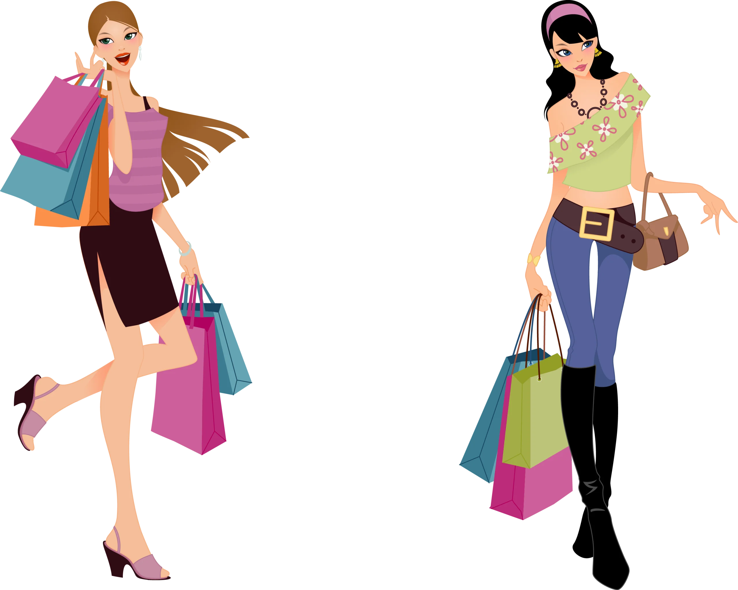 Stylish Female Shoppers with Colorful Shopping Bags Trendy Clipart Illustration