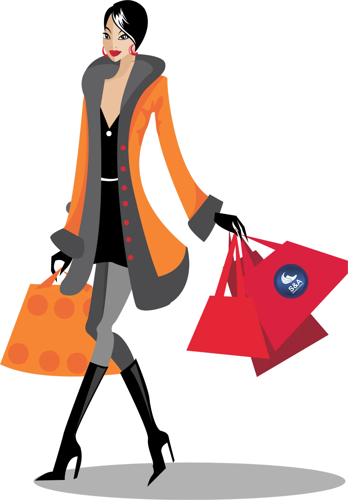 Stylish Woman Shopping Clipart: Fashionable Urban Shopper with Colorful Bags