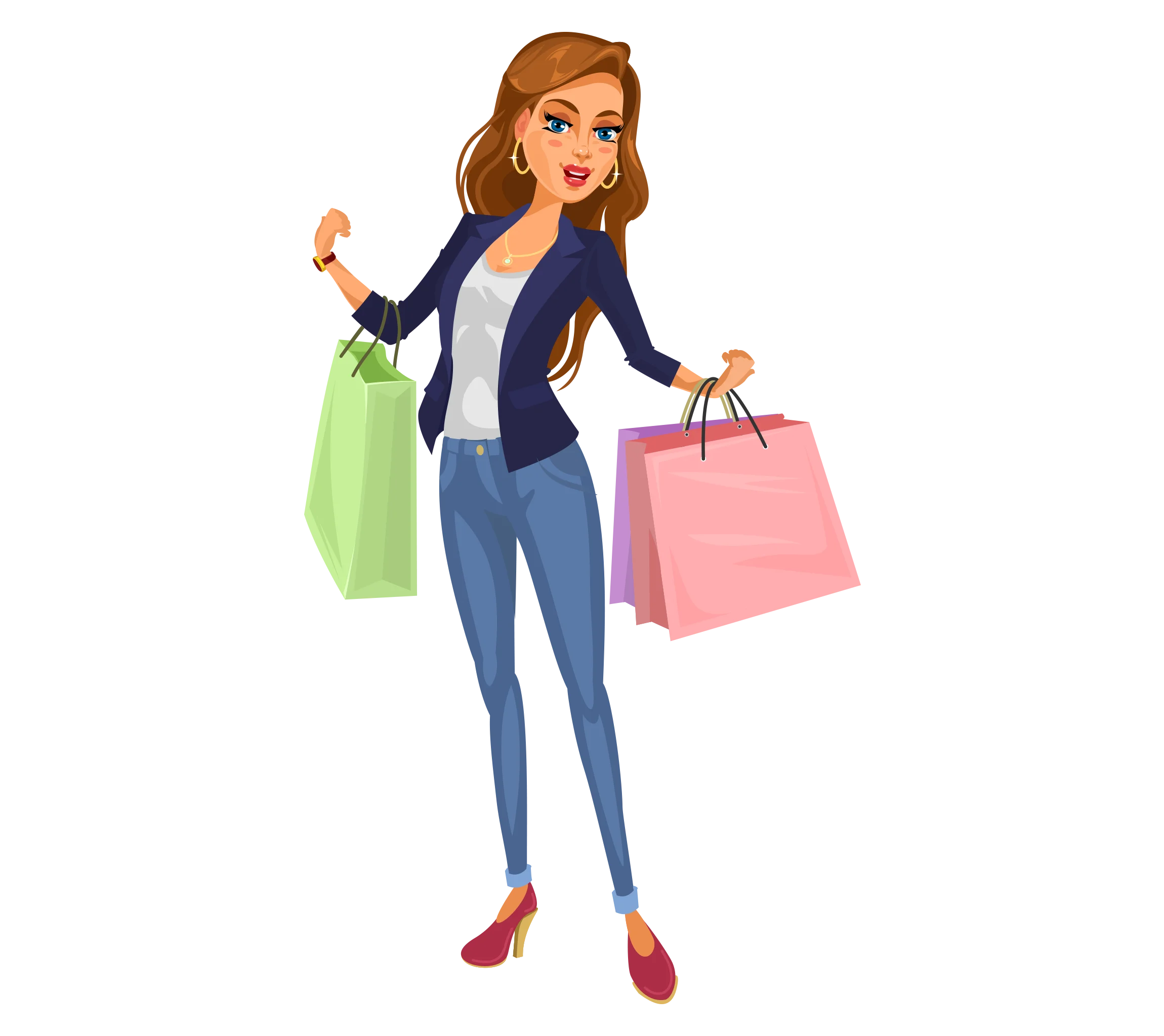 Stylish Young Woman Shopping with Colorful Bags Fashion Clipart Illustration