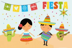 Festive Mexican Fiesta Celebration Clipart with Dancing Figures and Cactus