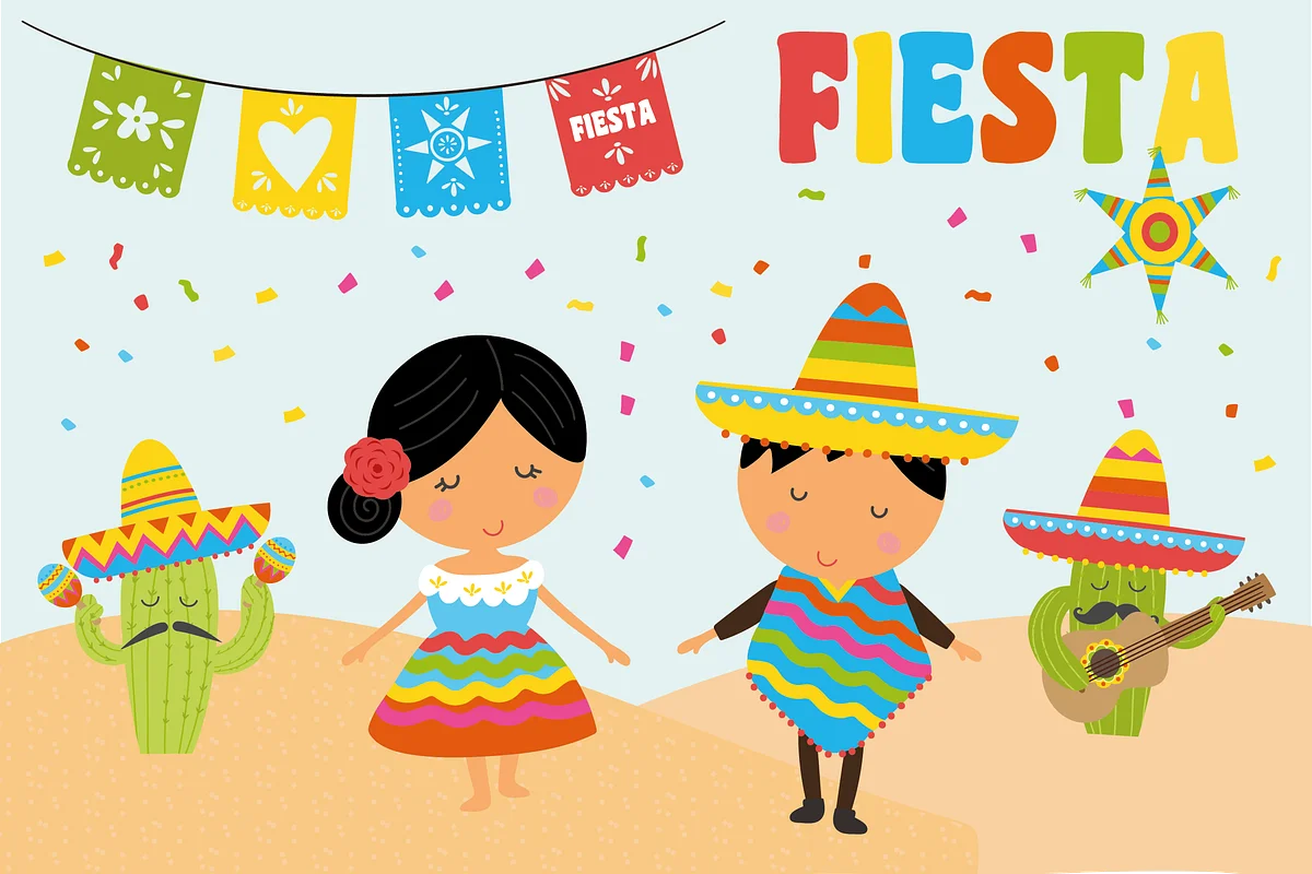 Festive Mexican Fiesta Celebration Clipart with Dancing Figures and Cactus
