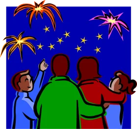 Festive Night Sky Celebration Clipart: Friends Watching Colorful Fireworks Display