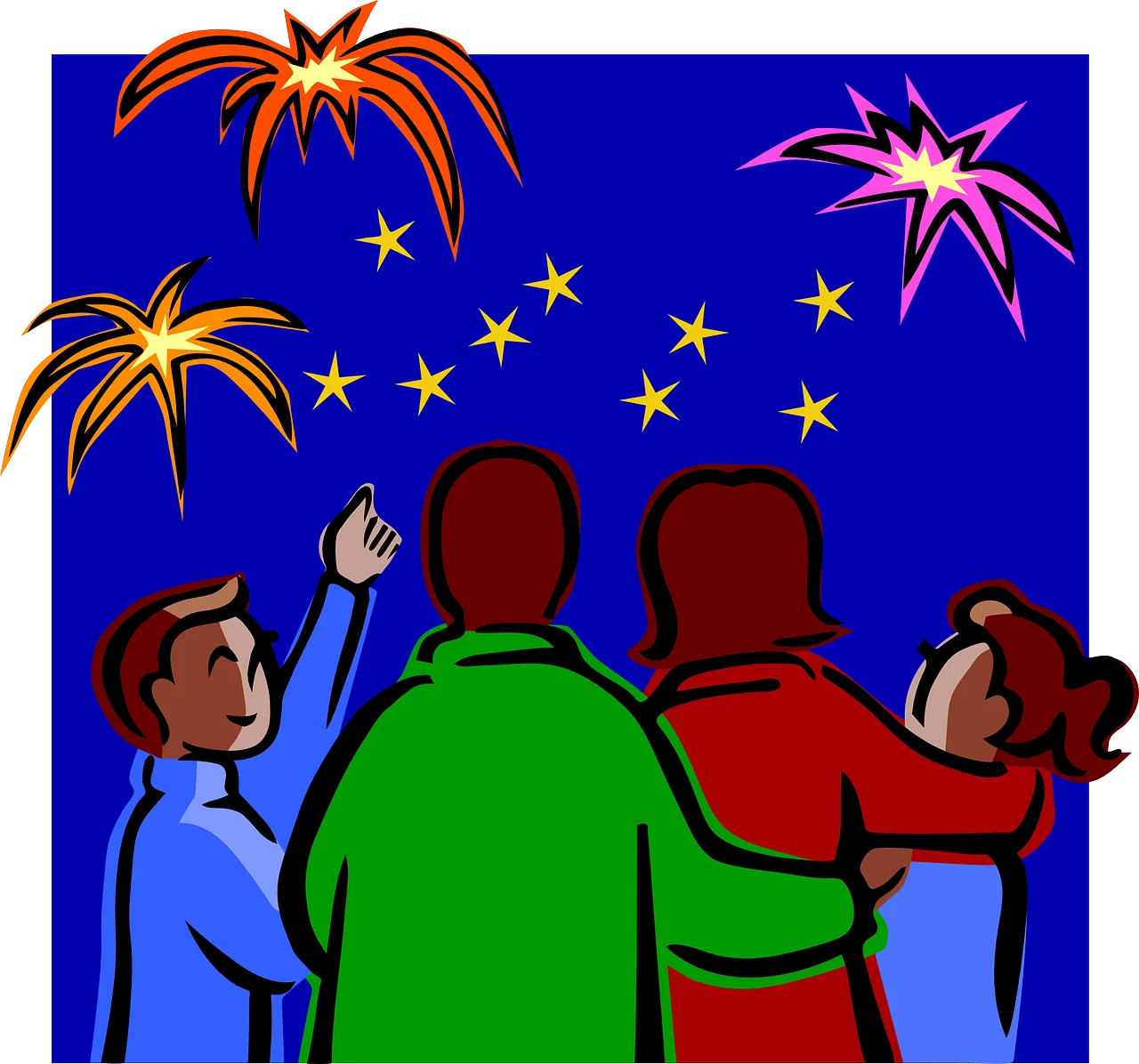 Festive Night Sky Celebration Clipart: Friends Watching Colorful Fireworks Display