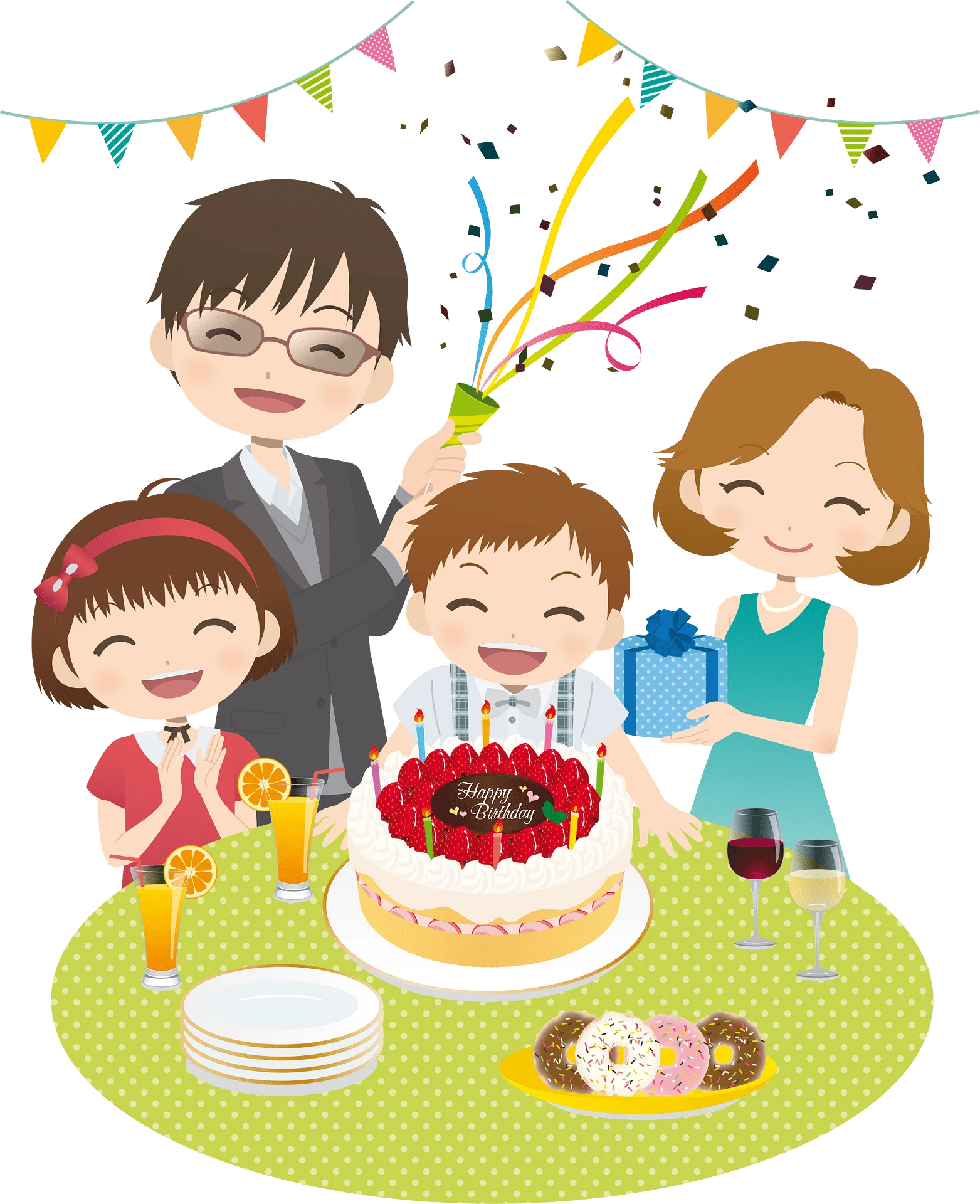Joyful Family Birthday Celebration Clipart with Colorful Party Decorations