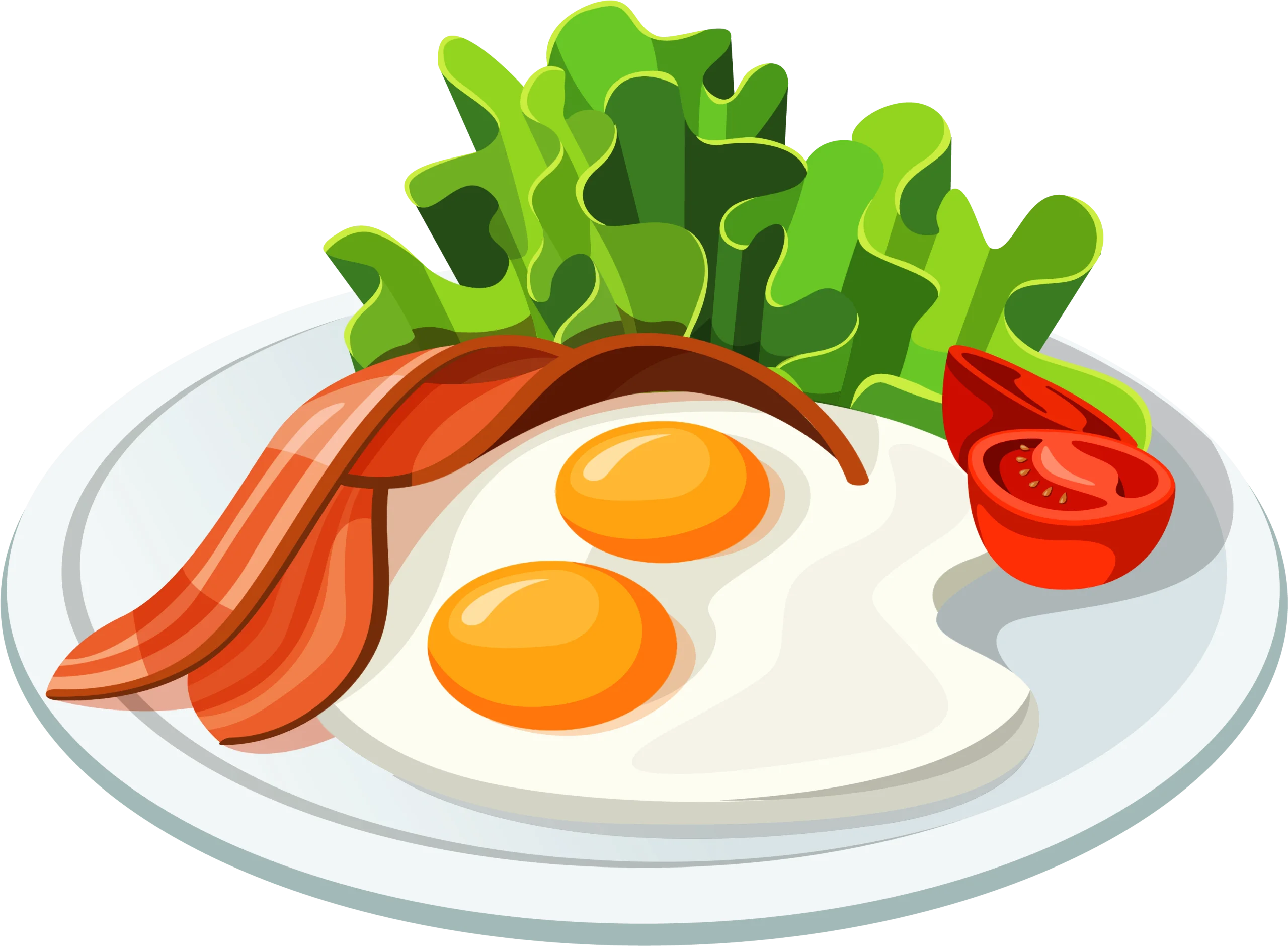 Sunny Side Up Eggs with Crispy Bacon and Fresh Greens Breakfast Clipart
