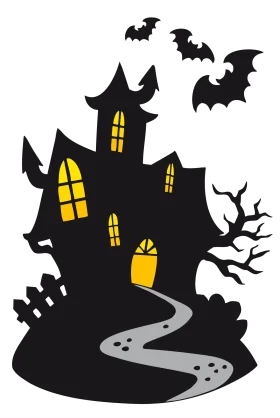 Eerie Halloween Haunted House Silhouette Clipart with Spooky Bats and Twisted Tree