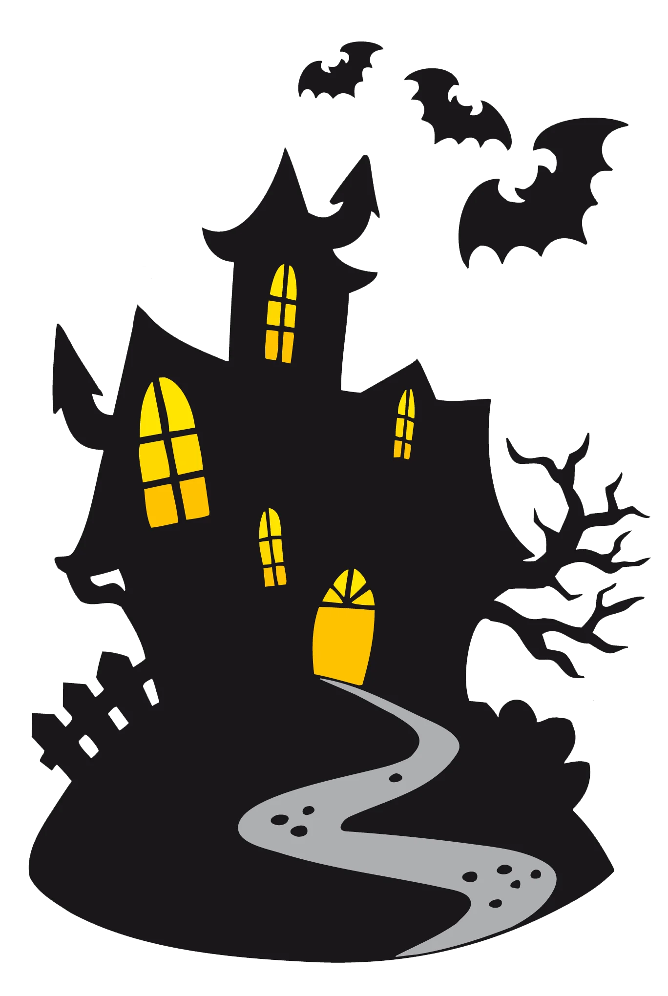 Eerie Halloween Haunted House Silhouette Clipart with Spooky Bats and Twisted Tree
