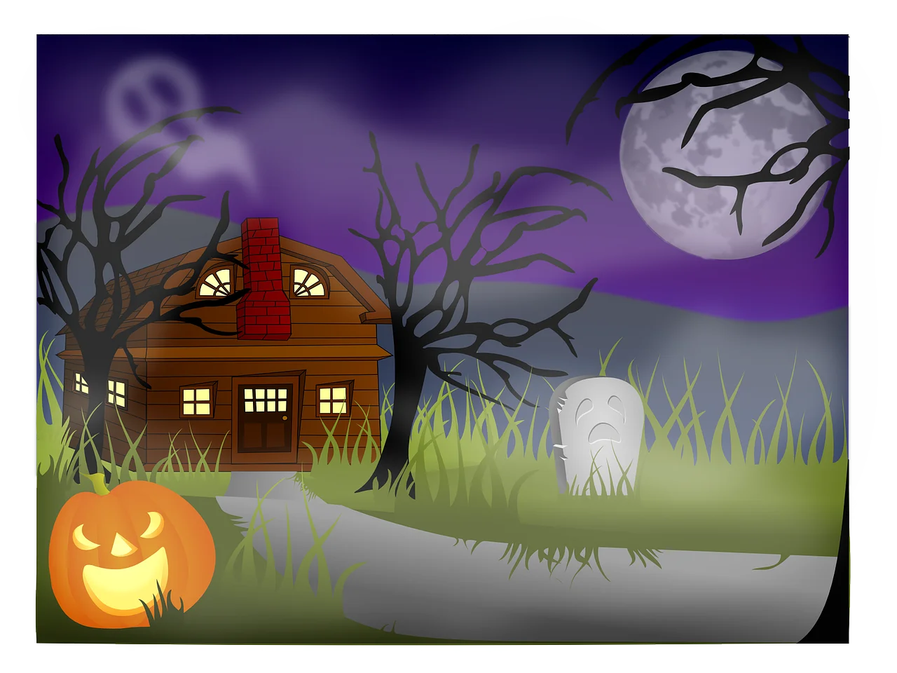 Eerie Halloween Night Haunted House Clipart with Ghostly Atmosphere