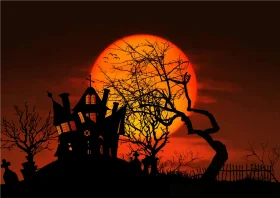 Eerie Haunted House Silhouette Clipart: A Chilling Sunset Landscape of Supernatural Dread