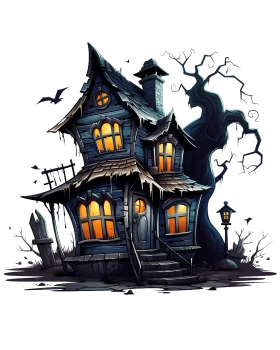 Eerie Moonlit Haunted House Clipart: A Ghostly Victorian Mansion in Shadows