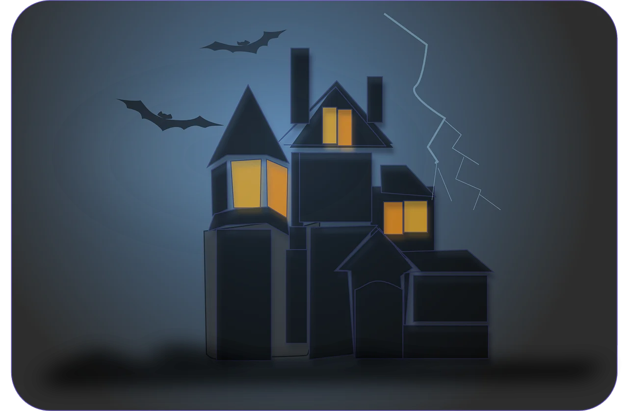 Eerie Moonlit Haunted House Clipart with Bats and Stormy Atmosphere