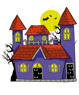 Spooky Halloween Haunted House Clipart with Bats and Moonlit Night Scene